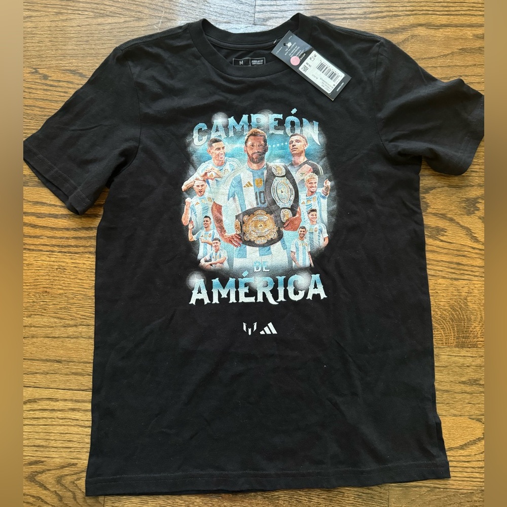 Adidas Youth Argentina Lionel Messi Campeón de América Black T-Shirt NWT S M L